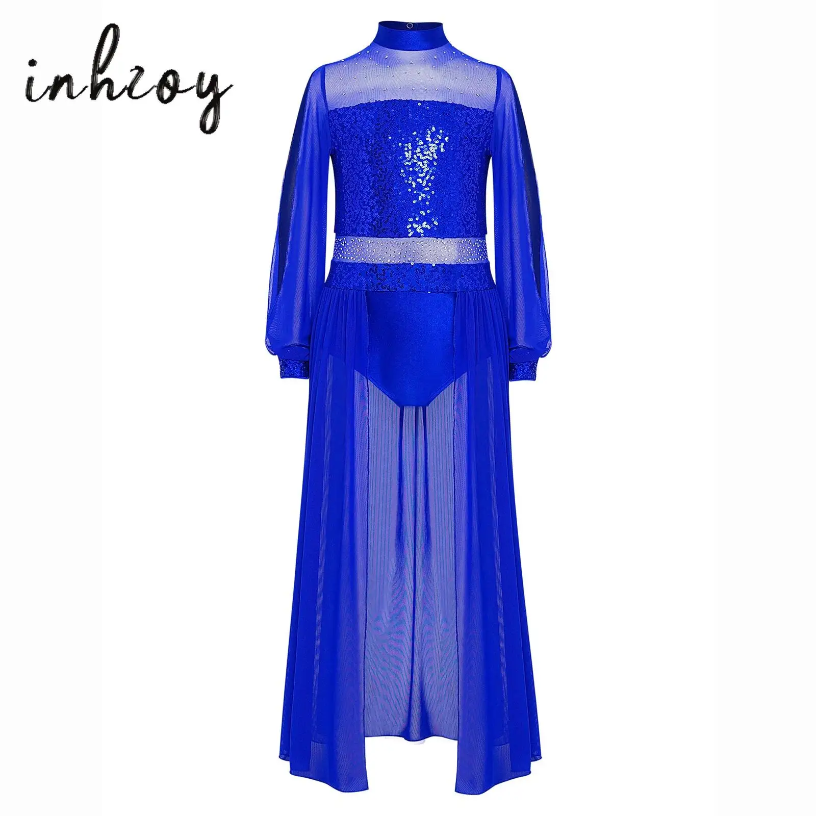 

Kids Girls Lyrical Dance Dress Mock Neck Long Sleeves Sheer Mesh Shiny Sequins Split Dress Contemporary Modern Dance Costume