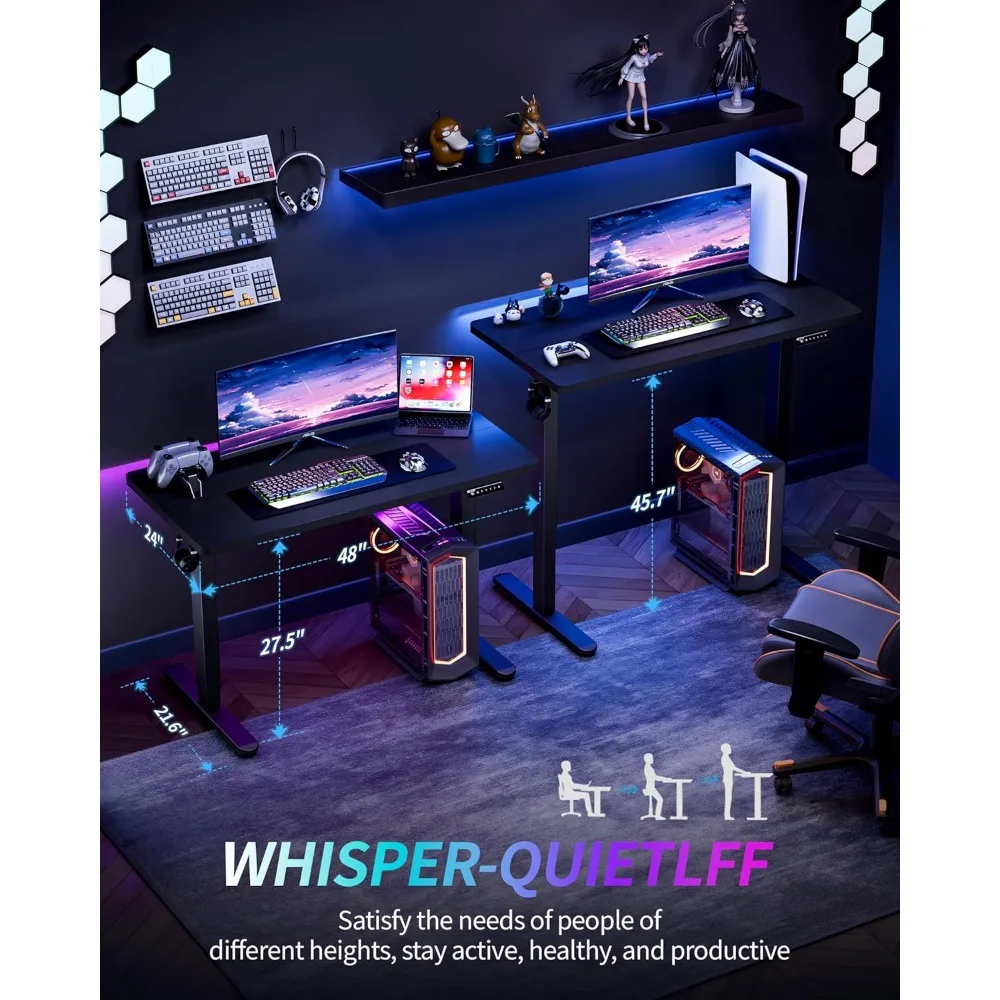 Electric Standing Desk Adjustable Height Computer Desk for Home Office and Gaming, 48x24 inches Black Memory Desks