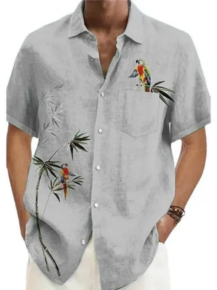 

2026 New Men's Top Vintage Tropical Parrot Bamboo Print Short Sleeve Lapel Shirt Casual Summer Aloha Beachwear Tunics Buttons