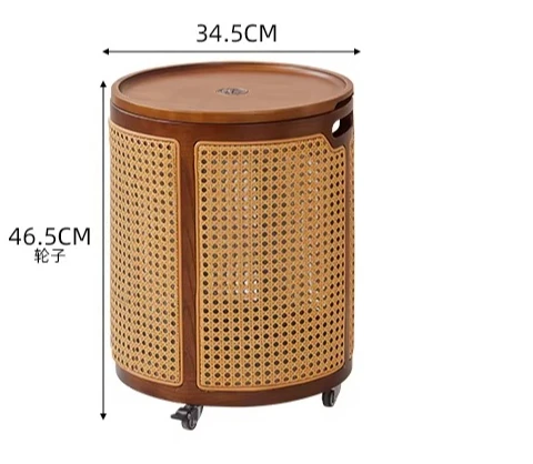 Solid Wood Rattan Storage Basket Breathable Mobile Laundry Basket