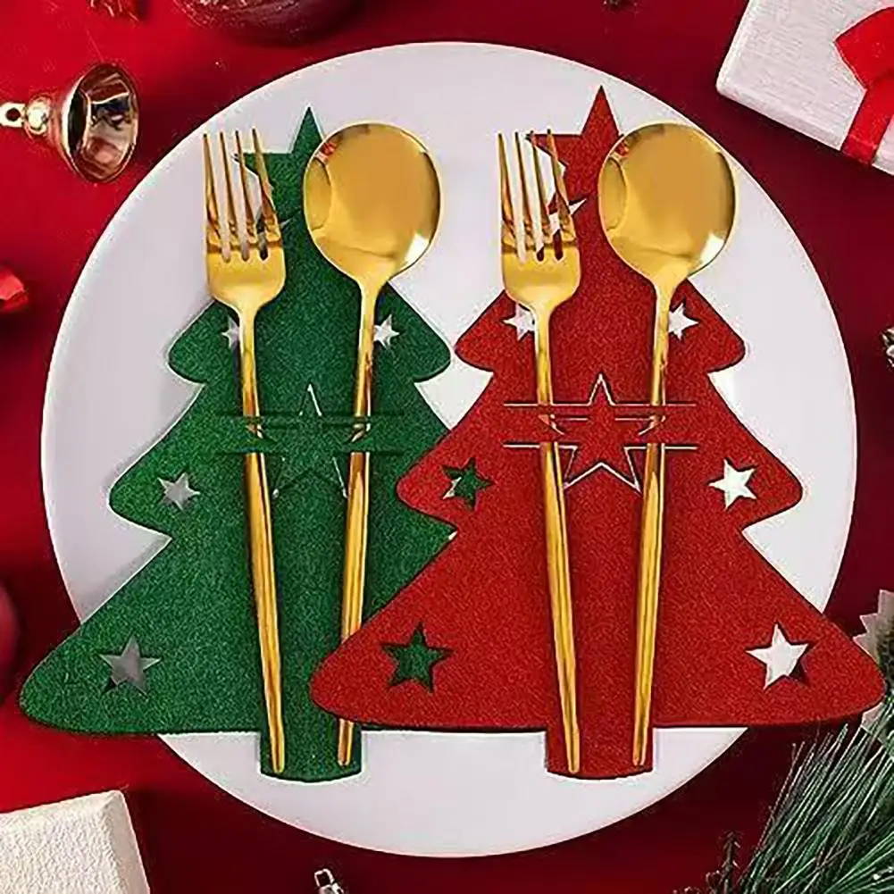 12Pcs Christmas Cutlery Set Christmas Tree Design Felt Table Mats Reusable Felt Knife Fork Cutlery Bag Holiday Home Decoration