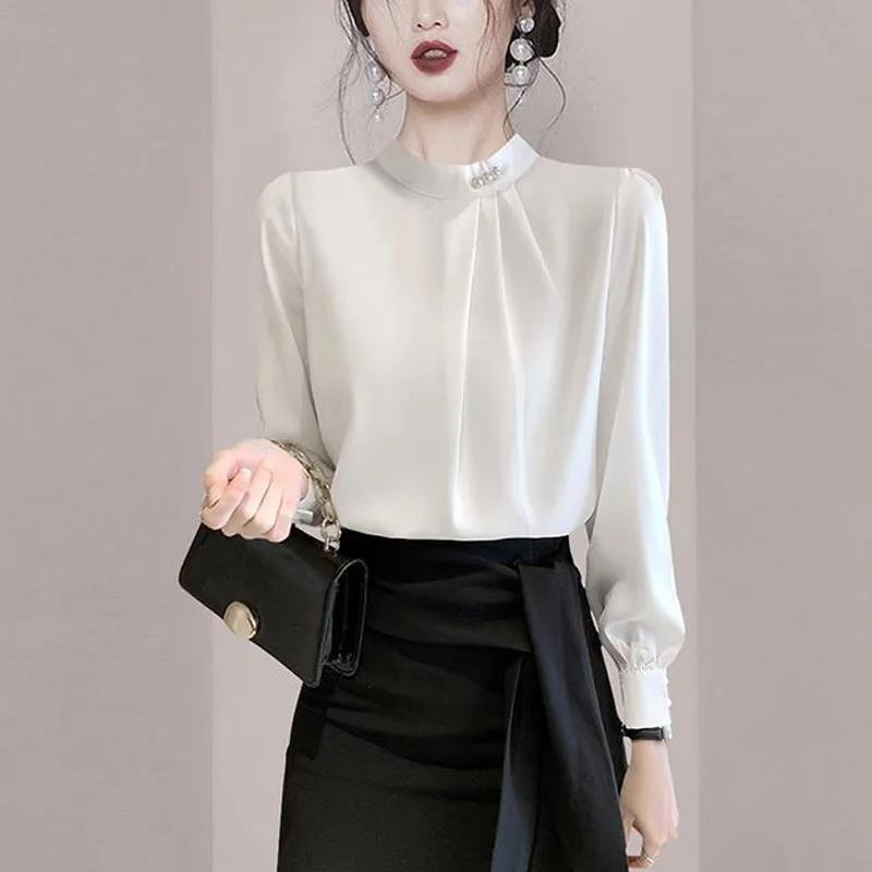 Occupation Advanced Sense Temperament Pleated Slim Blouse Women New Classic Long Sleeve Autumn O-collar Chiffon Pullover Shirt