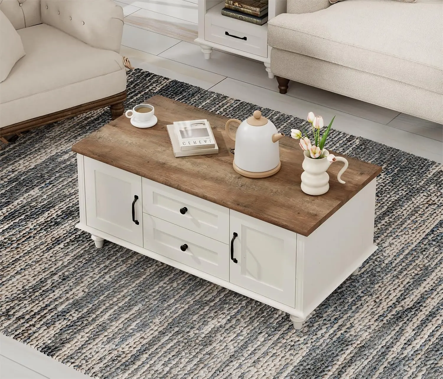 Modern Coffee Table with Storage Cabinet, White Coffee Tables for Living Room, Wood Rectangle Center Table with Drawer, White