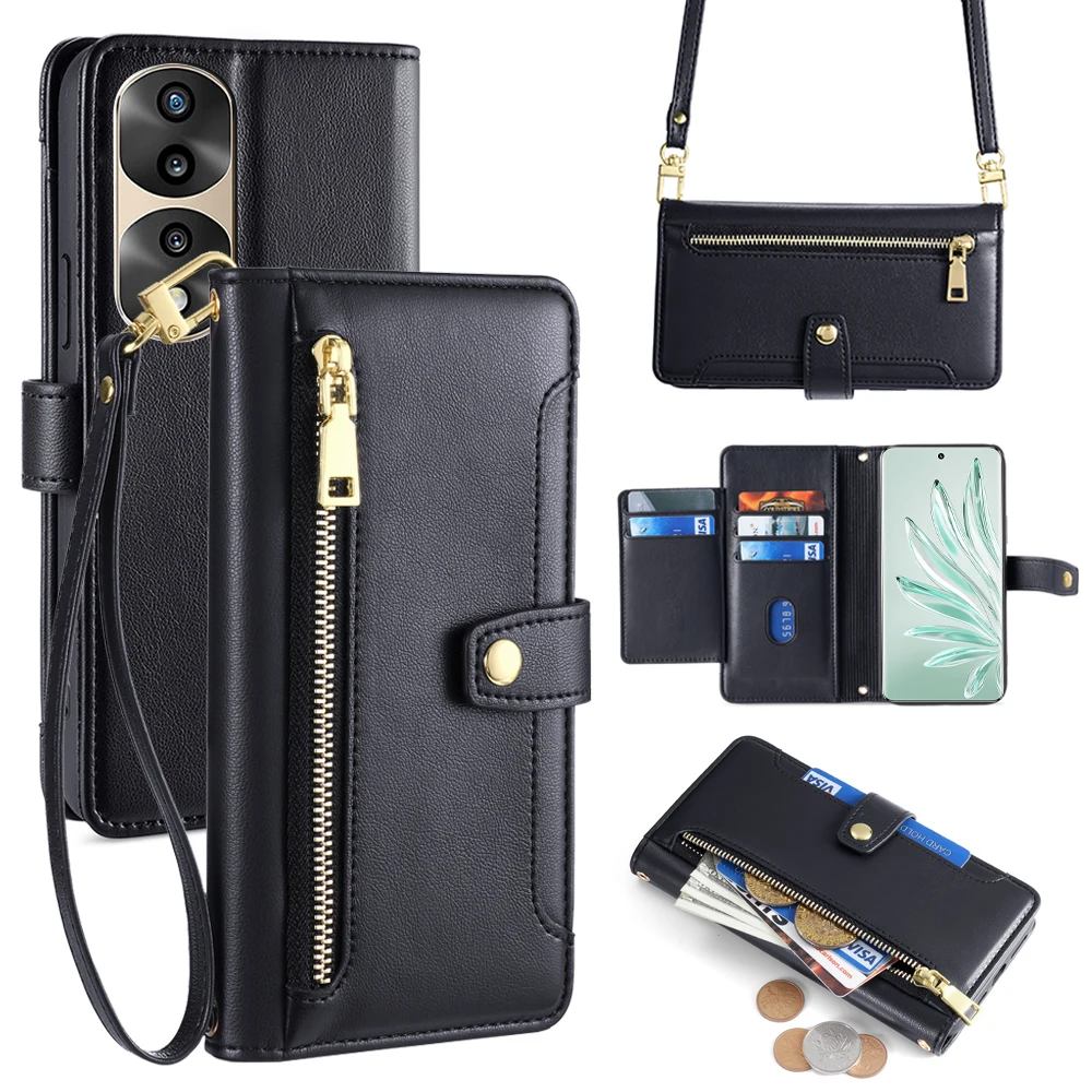 For Honor 90 80 Pro 70 60 50 SE Phone Case Card Slots Leather Wallet Crossbody Phone Case for Honor 90 80 Flip Cover with Strap