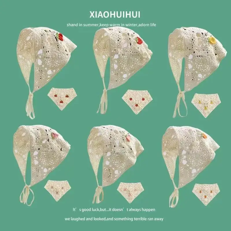 

Korean Version of Ins Handmade Jacquard Strawberry Cherry Decorative Triangle Female Camping Photo Hollow Bandage Scarf Hat.