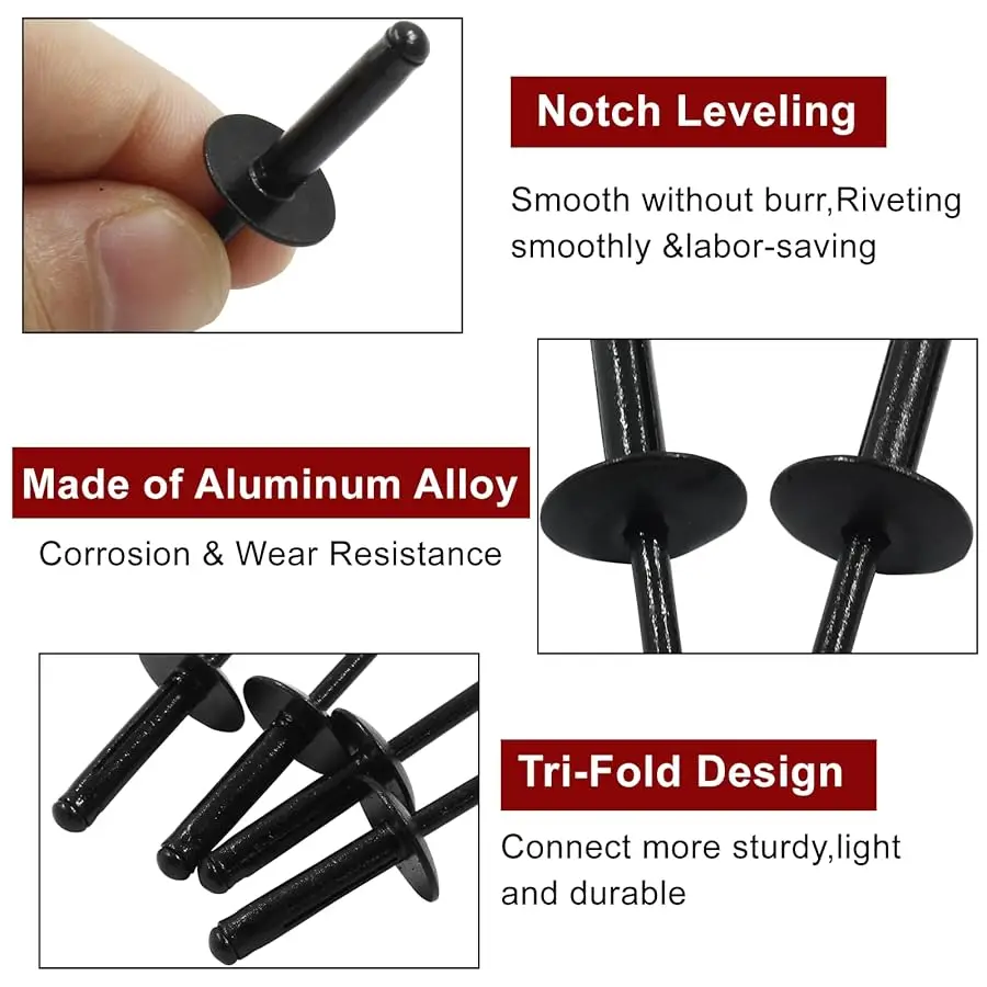 50 pezzi completamente in alluminio verniciato nero tri-fold esplosione rivetti pop flangia grande blub rivetto cieco interni auto condizionatore d'aria