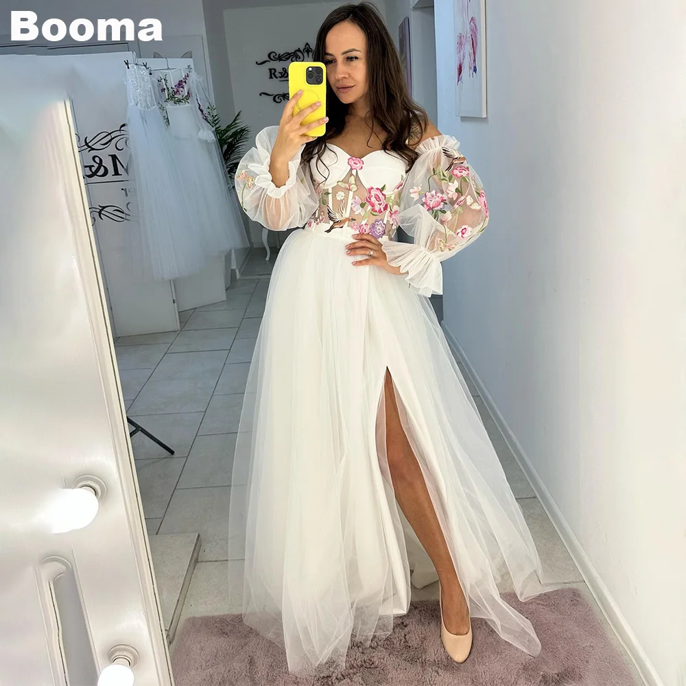 

Booma Tulle A-Line Wedding Dresses Off shoulder Sweetheart Appliques Bridals Party Gowns High Side Slit White Evening Dresses