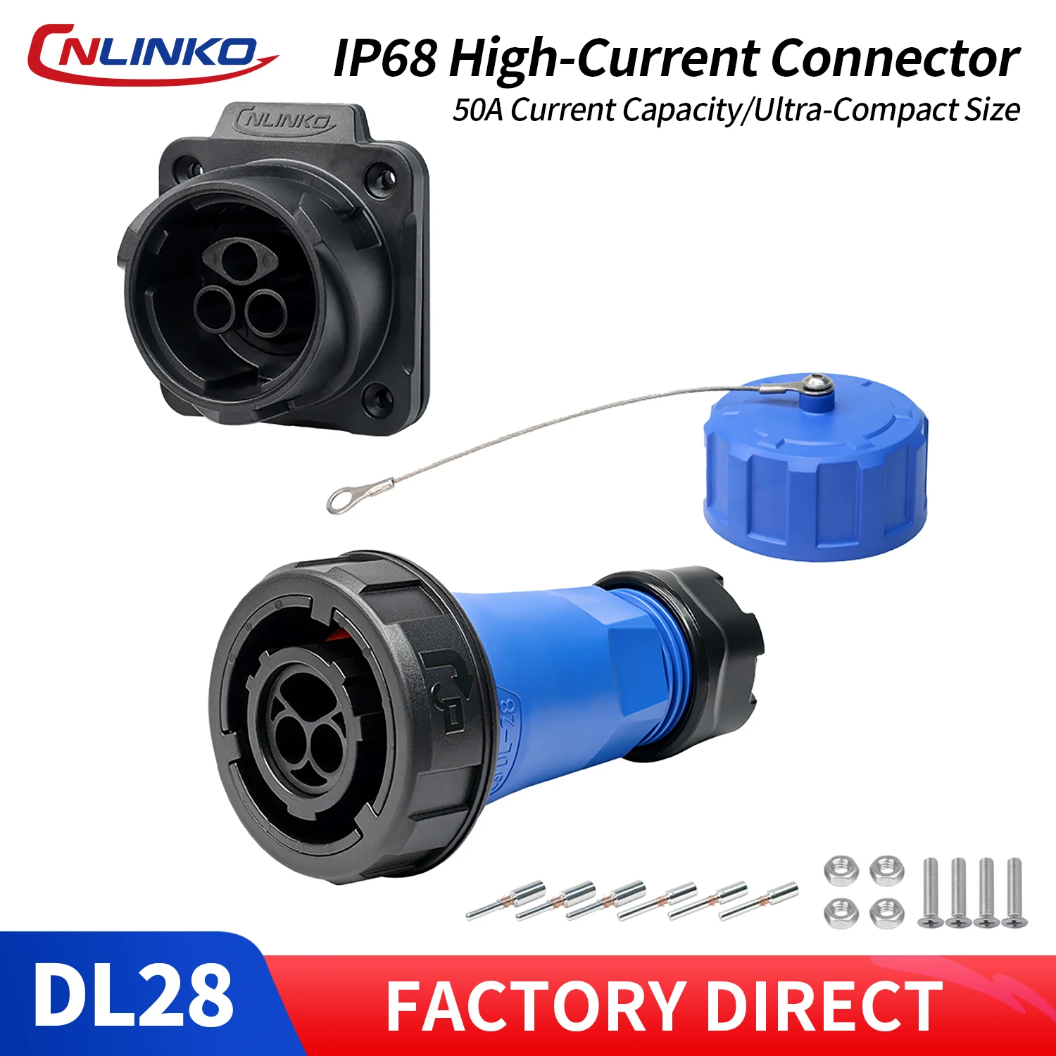 CNLINKO M28 IP68 Circular Industrial Connector 2Pin 50A Plug Socket Crimp Type PBT Housing for Power Distribution,Solar & EV