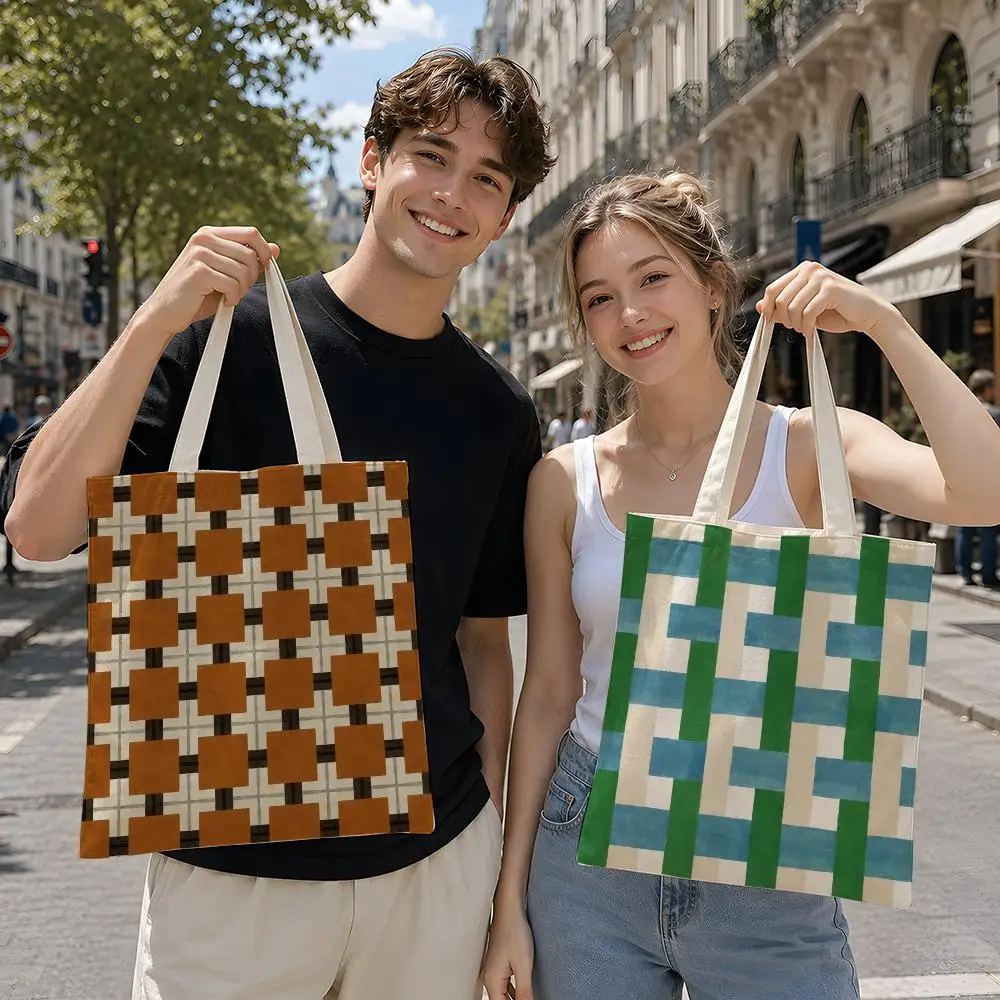 Pattern Retro R-Retro Geometric Plaid Storage Bags Reusable Canvas Tote Suitable for School Class Commuting Shopping as Gifts