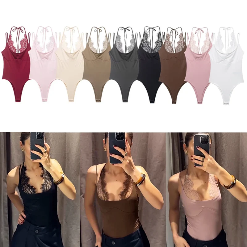 Women Bodysuits 2026 New Summer Lace Patchwork Slim Jumpsuit Fashion Sexy Backless Holiday Lady Sheath Bodysuit Top