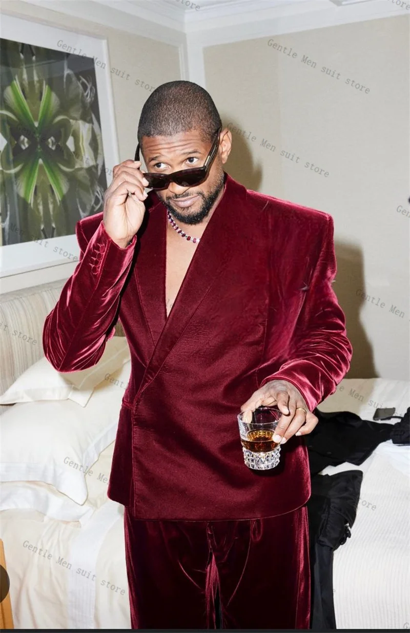

Burgundy Velvet Men Suit Set 2 Pcs Blazer+Pants Trousers Wedding Tuxedo Formal Office Jacket Autumn Prom Party Coat Customized