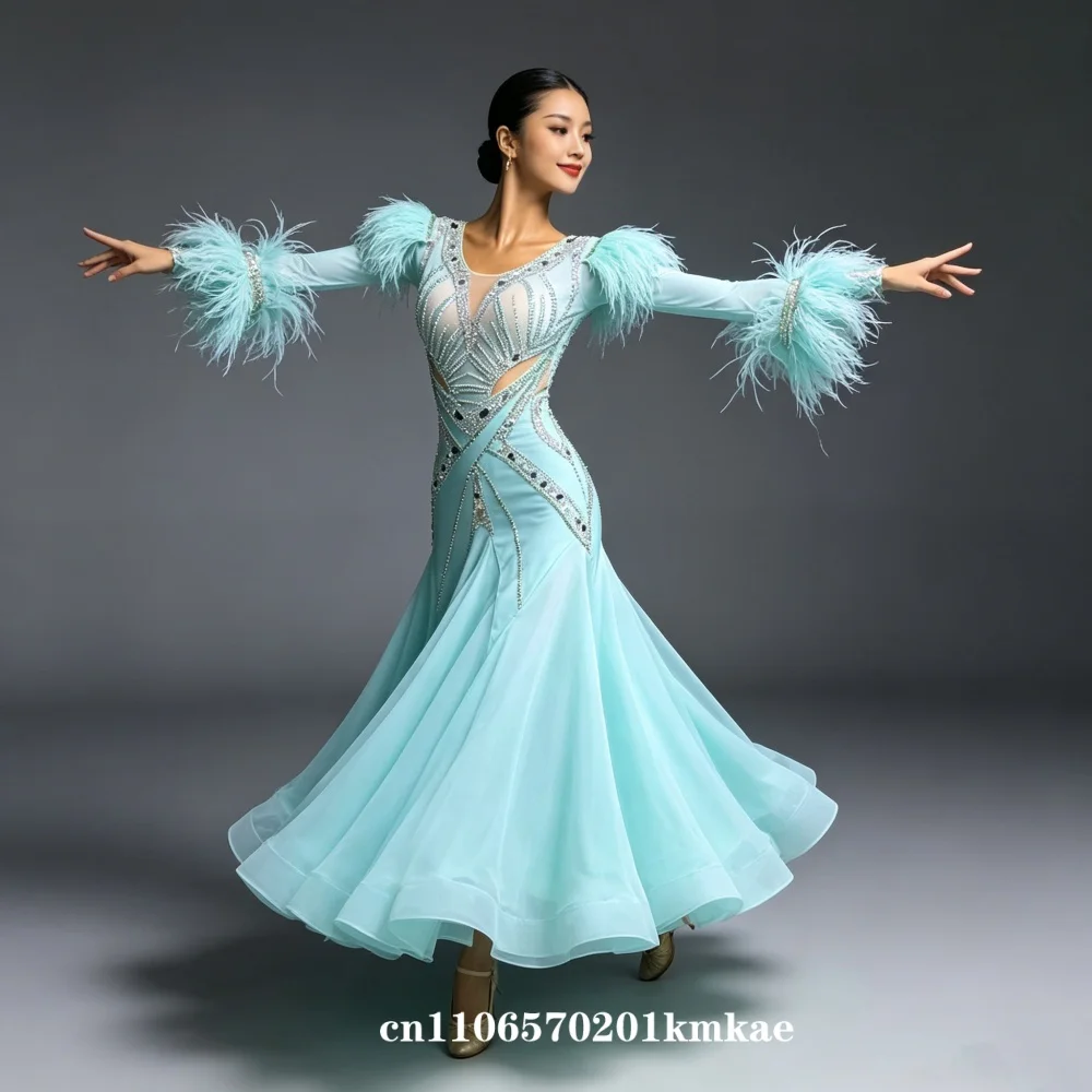 Mint Green Ostrich Feather Ballroom Dance Dress, Women's Long Sleeve Rhinestone Waltz Competition Gown