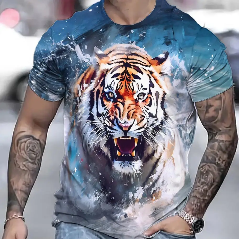 Tiger T-Shirt For Men 3D Animal 3D Print Men\'s Shirts Summer Short Sleeved Tee Male Pullover Oversized Top Casual Men\'S Clothing