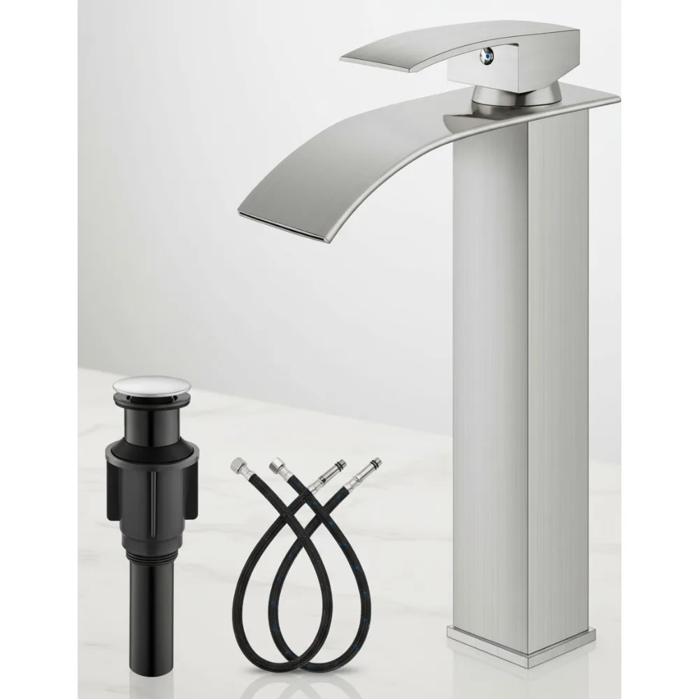 

Modern Tall Waterfall Bathroom Faucet Single Handle Stainless Steel Vessel Sink Mixer Tap with Pop Up Drain Brushed Nickel