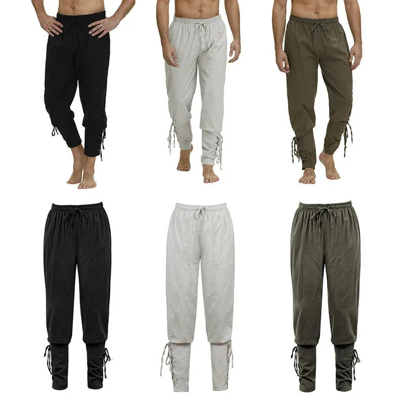 ❤ Pantalones medievales Disfraz vikingo para hombres y mujeres Pantalones piratas con cordones Pantalones renacentistas Pirata Marrón Negro Tallas grandes Halloween ★ ❤ ★