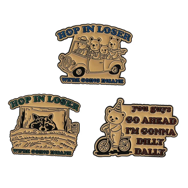 Enamel Pin Cartoon Raccoon Riding Bicycle Retro Alphabet Animal Pattern Cartoon Alloy Brooch for Clothes Badges on Backpack Pins
