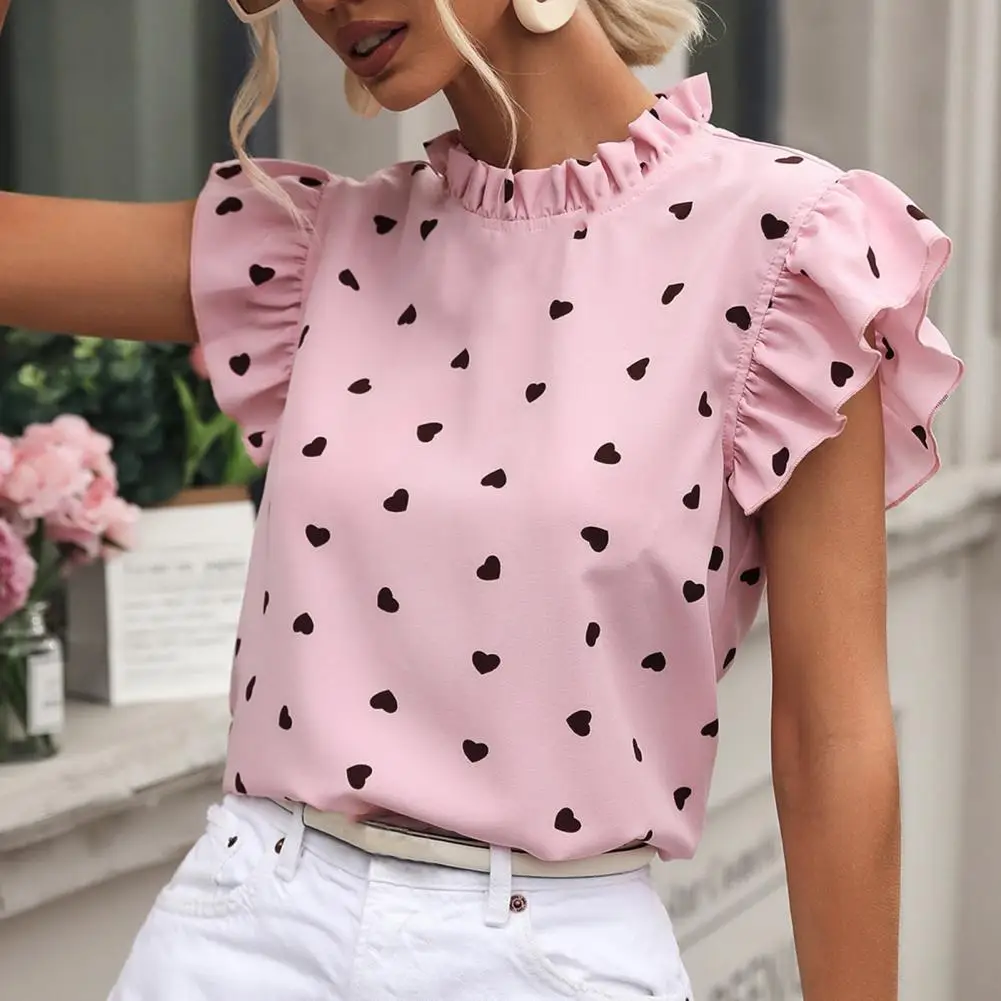 

Fashion Women Blouse Flying Short Sleeve Heart Print Slim Fit Ruffle Stand Collar Simple Pink Elegant Summer Top Female Clothing