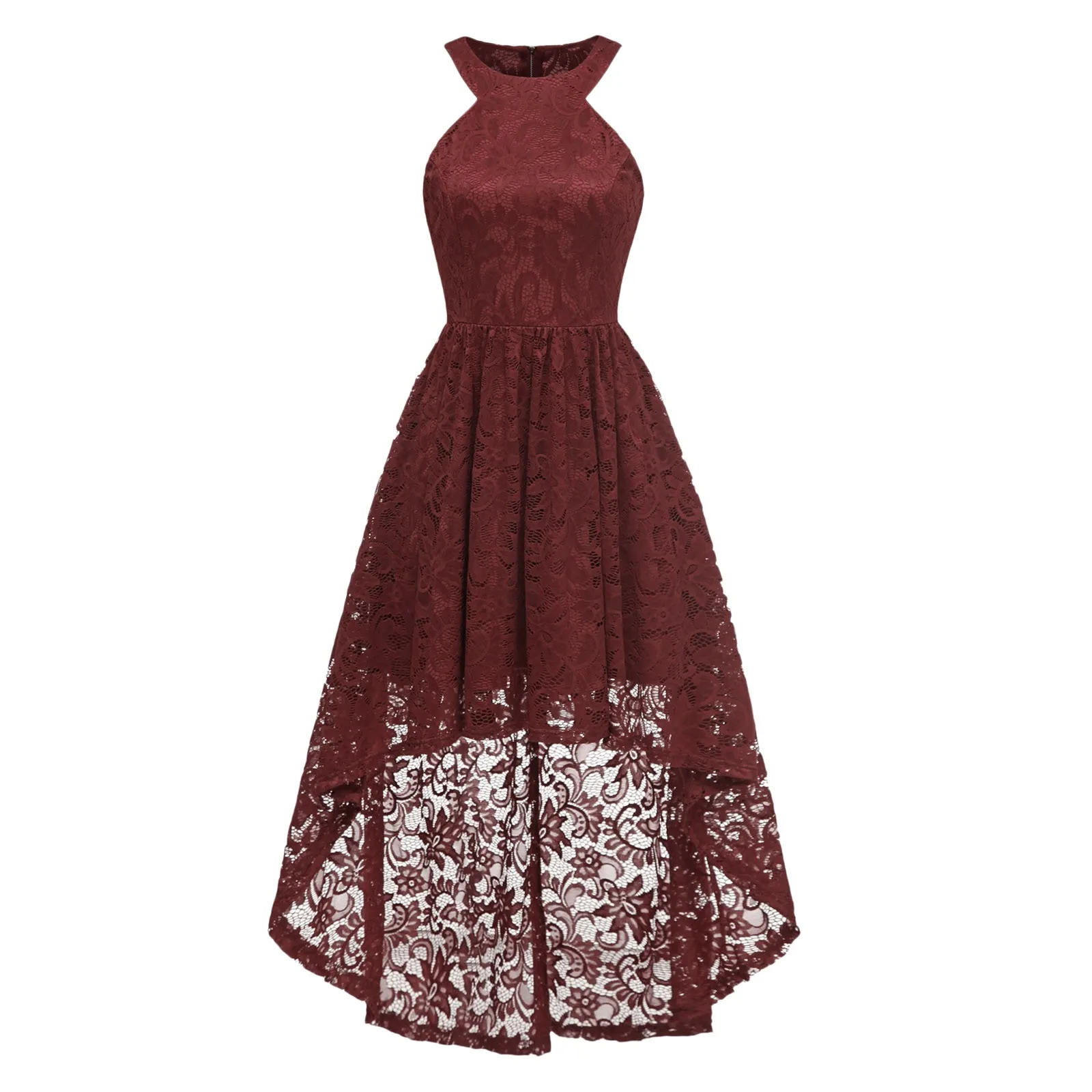 

Women Halter Dresses Vintage Floral Lace Hi-Lo Backless A-Line Short Bridesmaid Swing Dress Retro Cocktail Formal Party Dresses