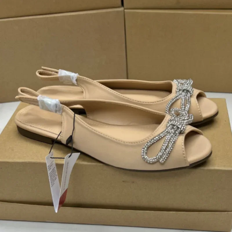 2025 primavera zapatos planos para mujer Casual Peep Toe talla grande cómodos Slingbacks suela suave lazo de cristal sólido calzado femenino