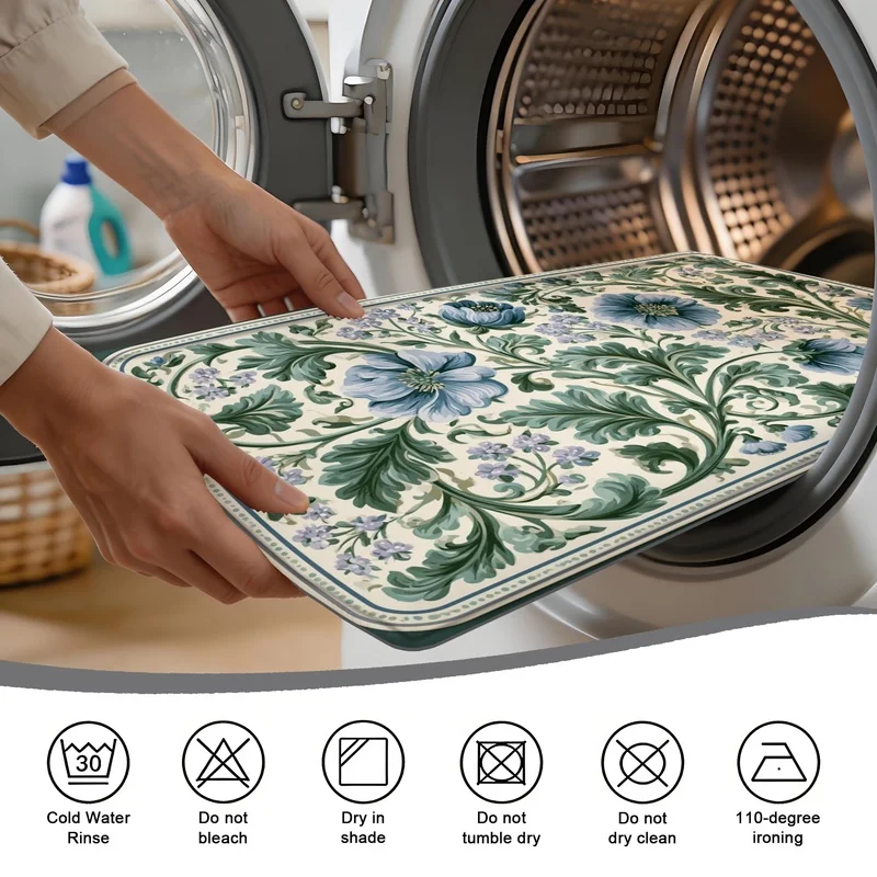 Bath Mat Retro Light Blue Poppy Floral Print Non Slip Bathroom Rug Water Absorbent Quick Dry Indoor Doormat