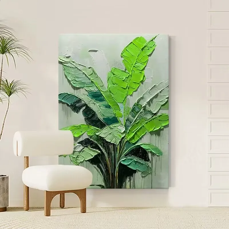 Modern Abstract Green Large Leaf Thick Texture High-End Art Mural Banana Leaf Handmade Oil Painting Living Room Hanging Painting