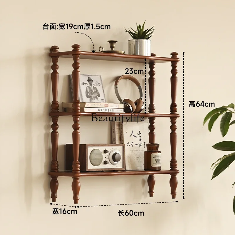 Vintage living room storage Nordic wall-mounted baffle bookshelf Solid wood cup holder Kitchen storage