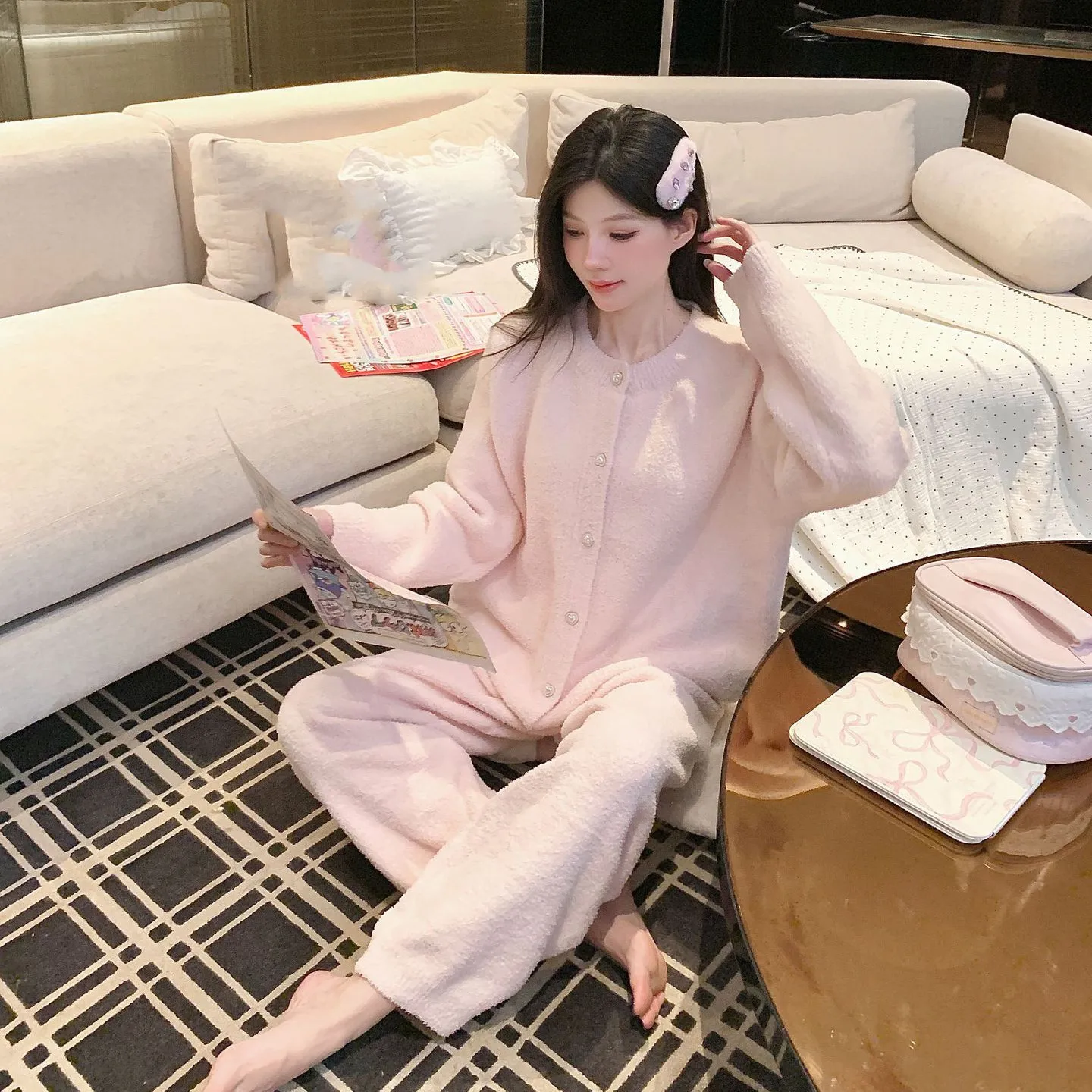 Autumn Winter Flannel 2 Sets Women Sleepwear Women Thickened Loose Students Coral Velvet Pajamas Homewear