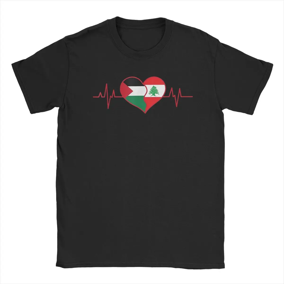 Lebanon Palestine Unity Heartbeat Lebanese Palestinian Flag Men T Shirt Tees Short Sleeve O Neck T-Shirt Cotton Clothes