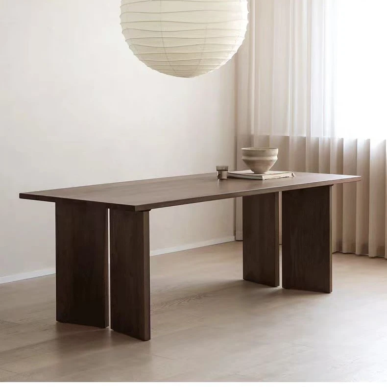 

Nordic solid wood dining table simple Italian walnut color long table wabi