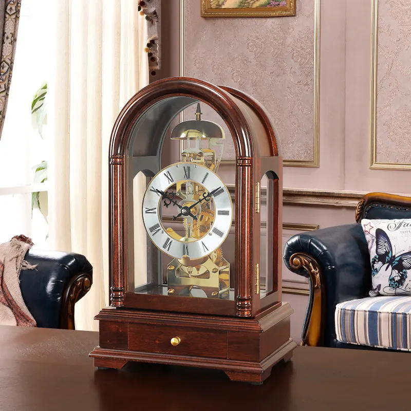 European mechanical clock living room desktop creative solid wood decoration mechanical movement retro clock