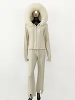 OFTBUY Knitwear Autumn and Winter Fashionable Sweater Suit Women Trousers Hooded Jacket with Detachable Fox Fur Collar Fur Coat