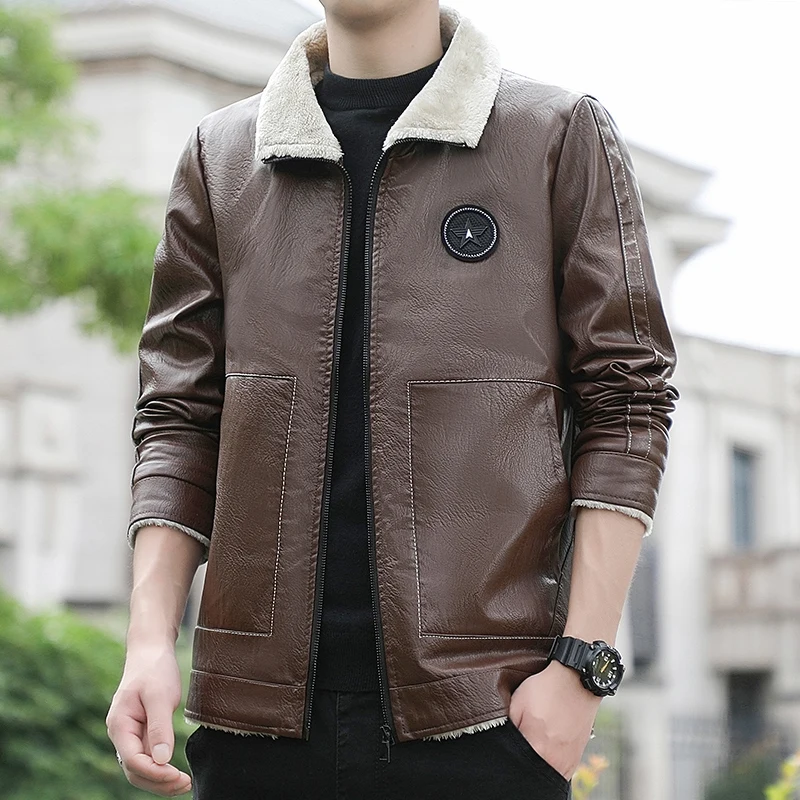 Men's Leather Jacket Retro Casual Pu Leather Fleece Warm Jacket Camping Outdoor Clothing Winter Standing Collar Windproof Coat