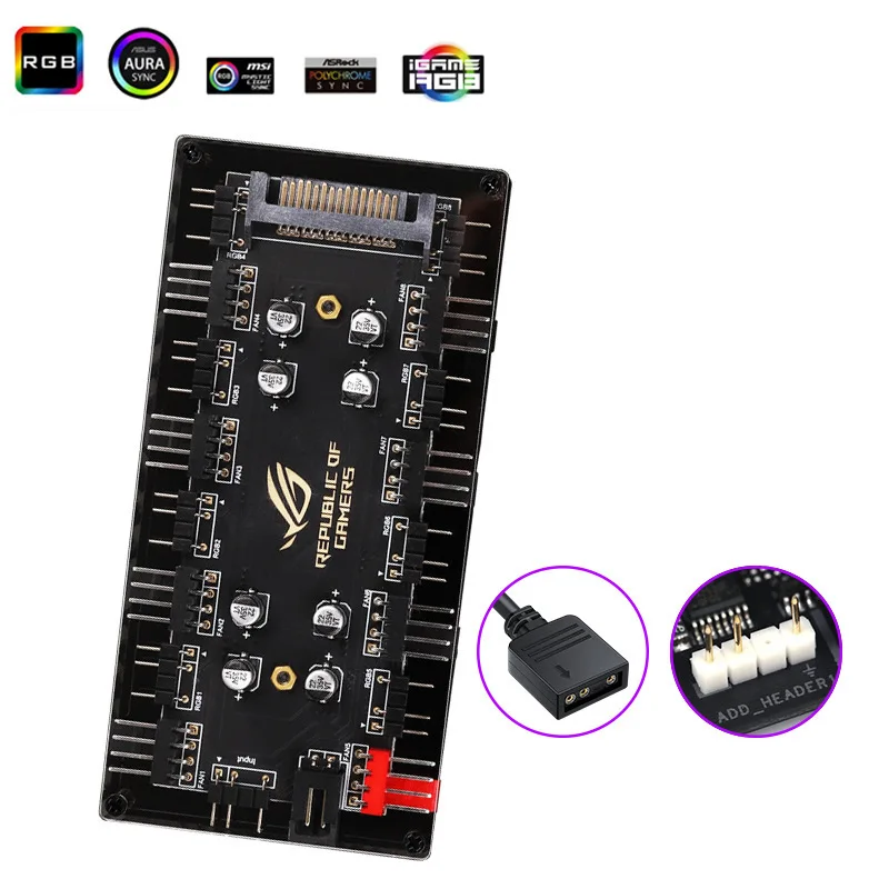 2-in-1 PC Case Hub ARGB & PWM Fan Controller SATA/4Pin Molex Power 8-Port 5V 3Pin ARGB + 8-Port 4Pin PWM Splitter