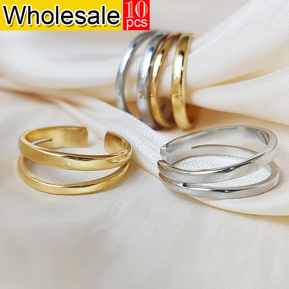 Women's Stainless Steel Rings 10PCS Double  Layered  Adjustable Rings Retro Simple Open End Rings Personalized Jewelry Wholesale