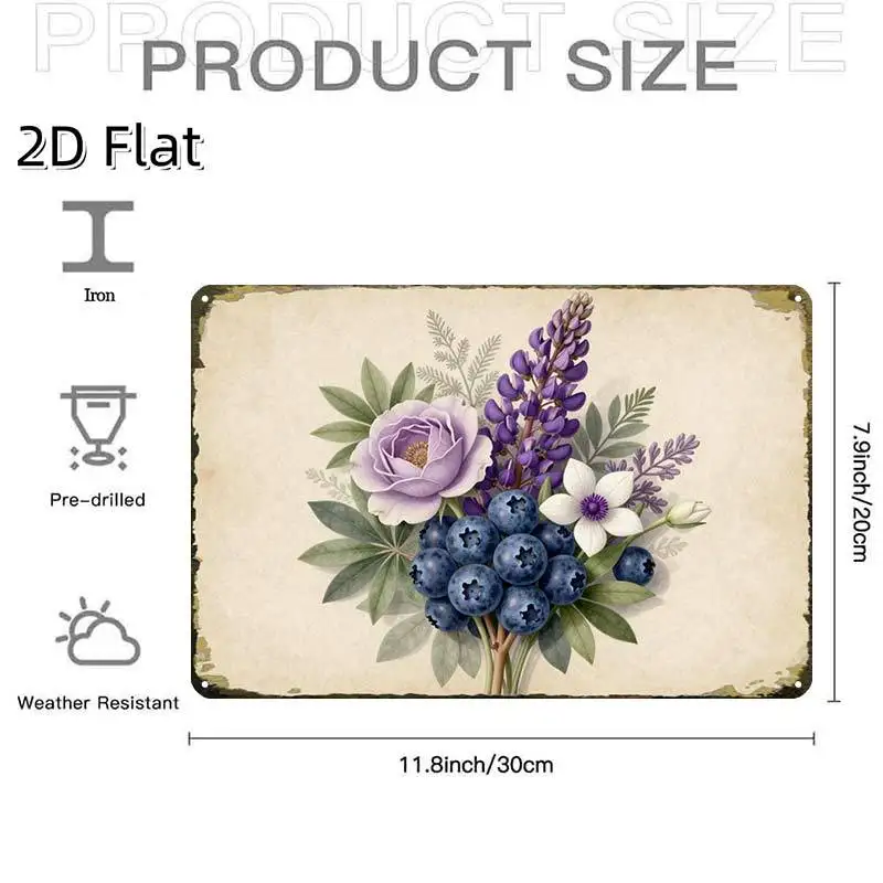 2D Flat, 2D-Flat,1pcVintage Floral Blueberry Botanical Art Print,Creative Tin Sign Garage Decoration, Bold Lettering, Highqualit
