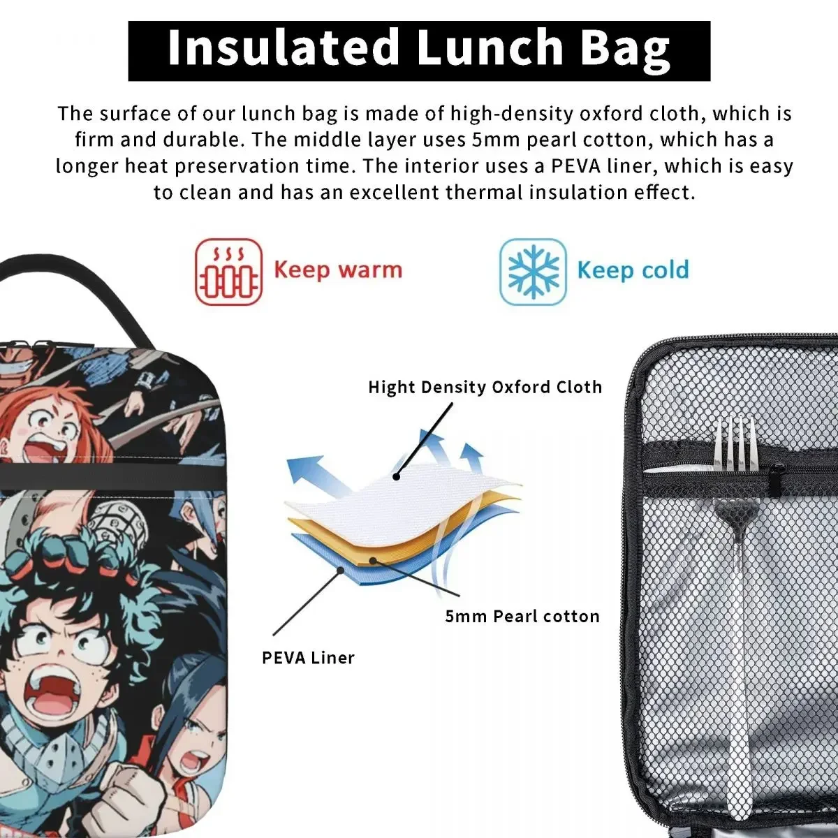 My Hero Academia Anime Manga Thermal Insulated Lunch Bags Women MHA All Might Portable Lunch Tote Picnic Multifunction Food Box