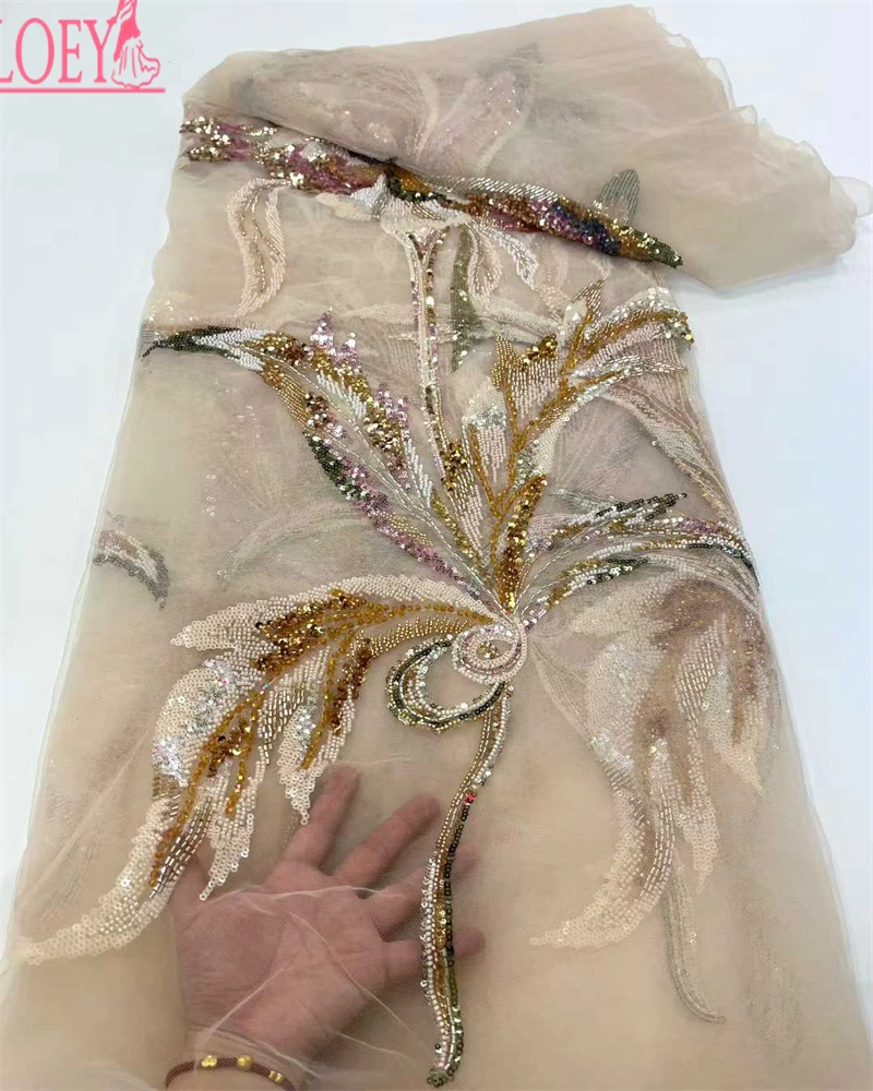 

OLOEYLuxurious African Net Mesh Lace Fabric 2025 3D Embroidery Flowers With Beads Sequins French Tulle Lace For Nigerian Wedding