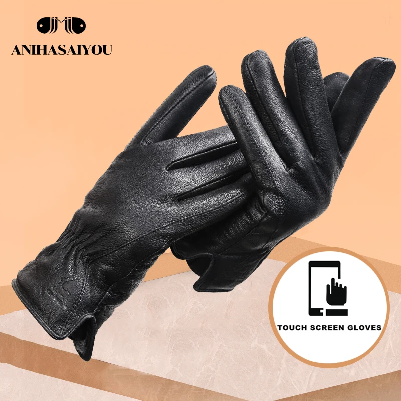 2020 New deer skin gloves male winter,Simple mens leather gloves, Soft men's gloves,Black Genuine Leather touch gloves - 8025