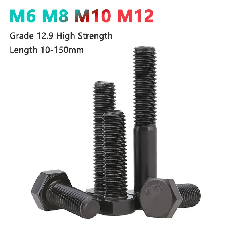 1pc M6 M8 M10 M12 Grade 12.9 High Strength External Hex Hexagonal Screw Bolt Alloy Steel Full / Half Thread Length 10-150mm