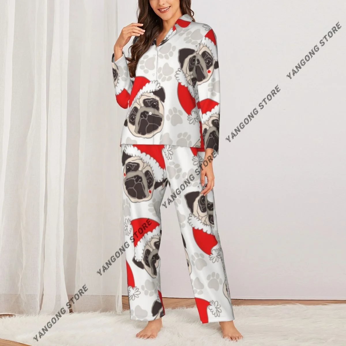 Spring and Autumn Long Sleeve Pants Pajamas Set Pug Dog In Santa Hat And Traces Dog Animal Women's Pull Edge Loose Sleeping Suit