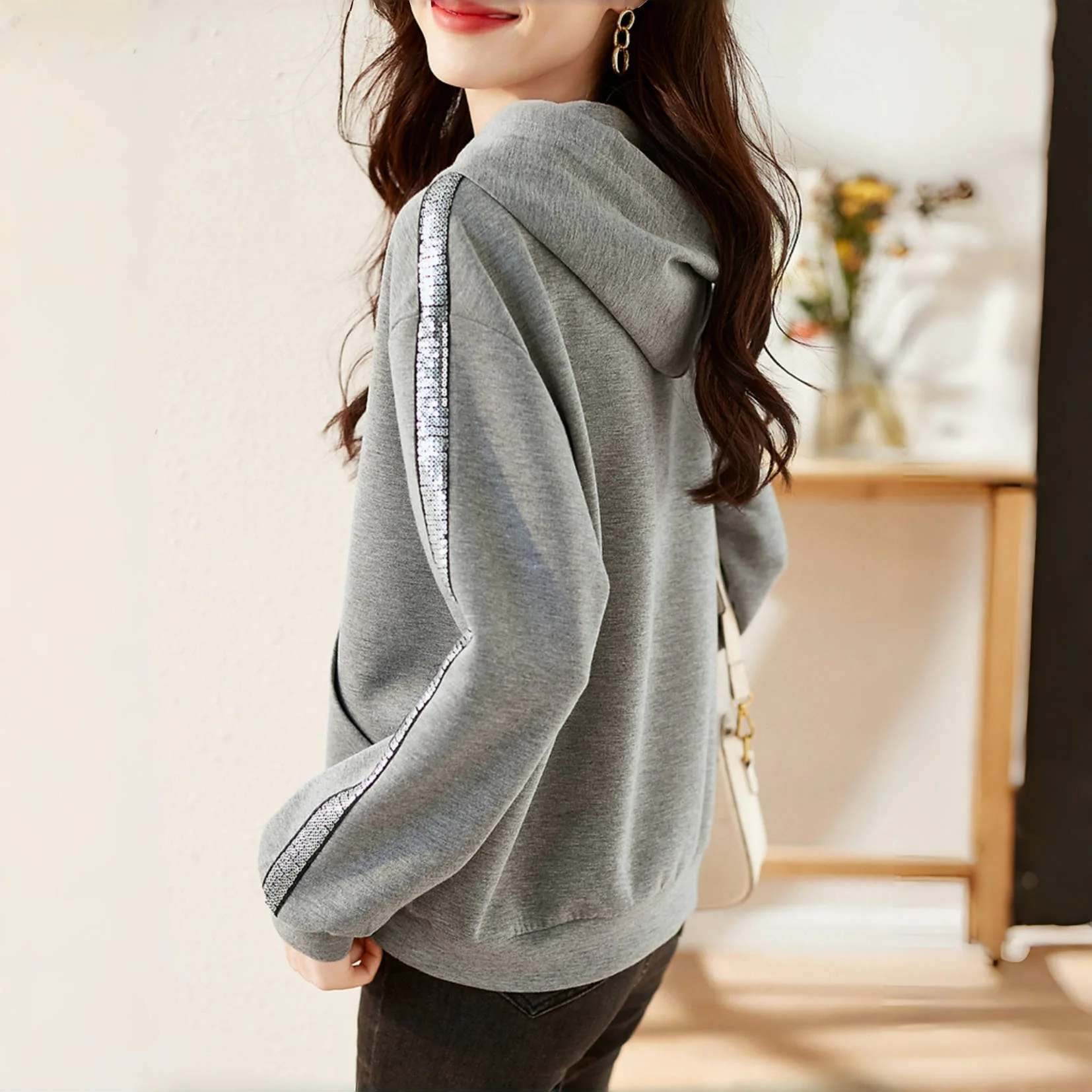 Katoenmix sweatshirt met capuchon Dames lente herfst nieuwe mode pailletten casual trui met lange mouwen