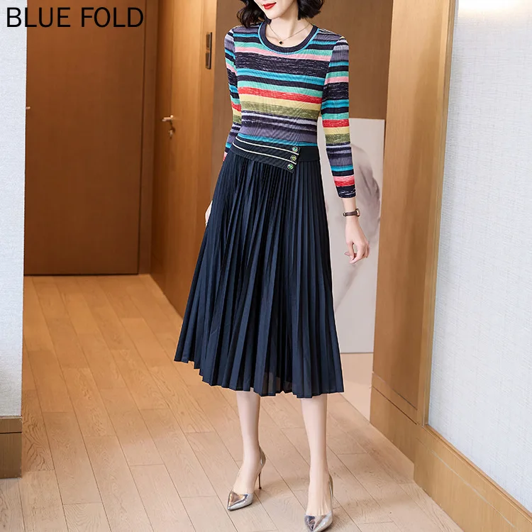 

MIYAKE-Pleated Chinese Dress Mid-length Long-sleeved Knitted Dress Temperament Commuter Color-blocking Striped Slim High Waist