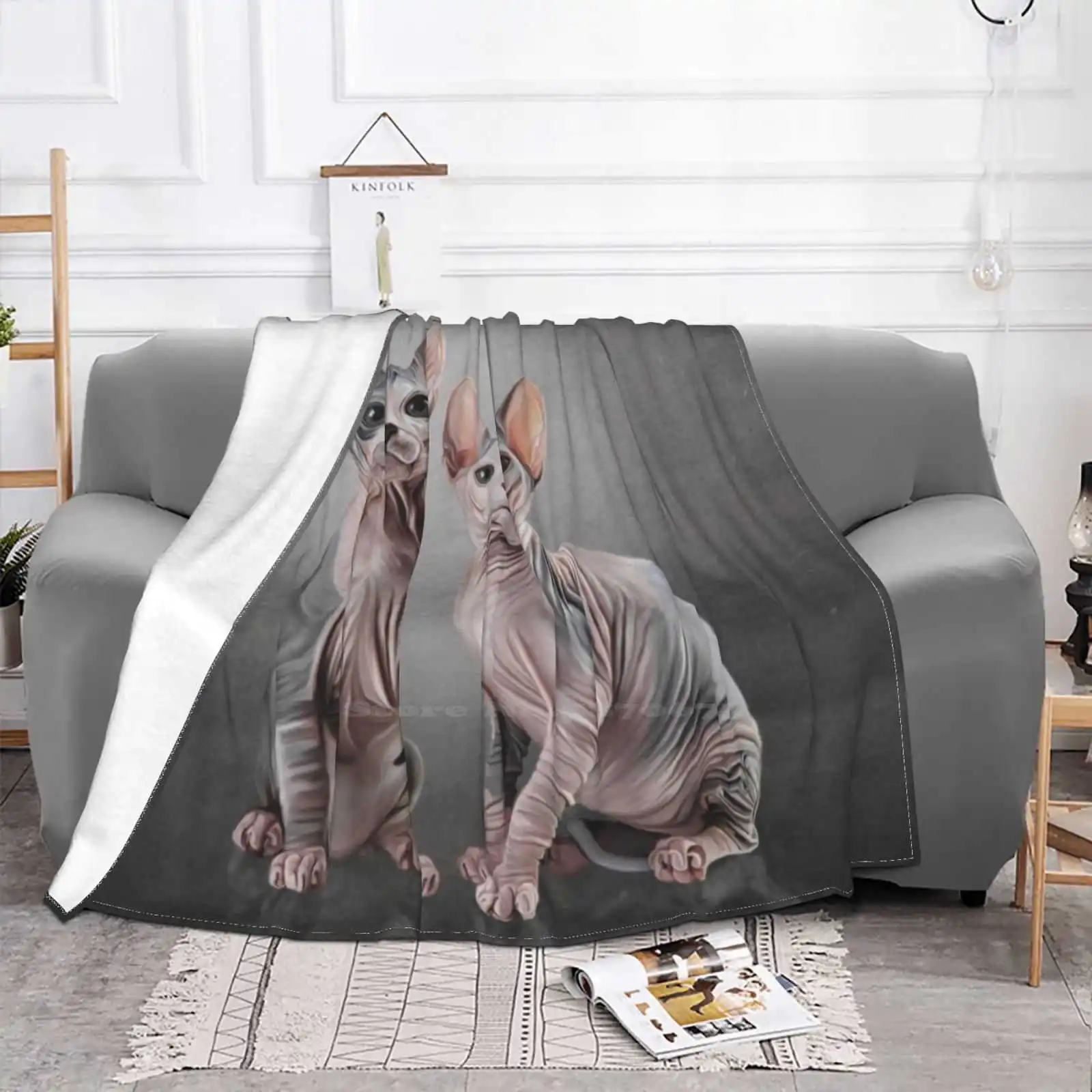 Drawing Two Cats Sphynx , Hairless Shaggy Throw Soft Warm Blanket Sofa/Bed/Travel Love Gifts Portrait Sphinx Graphic Fashion