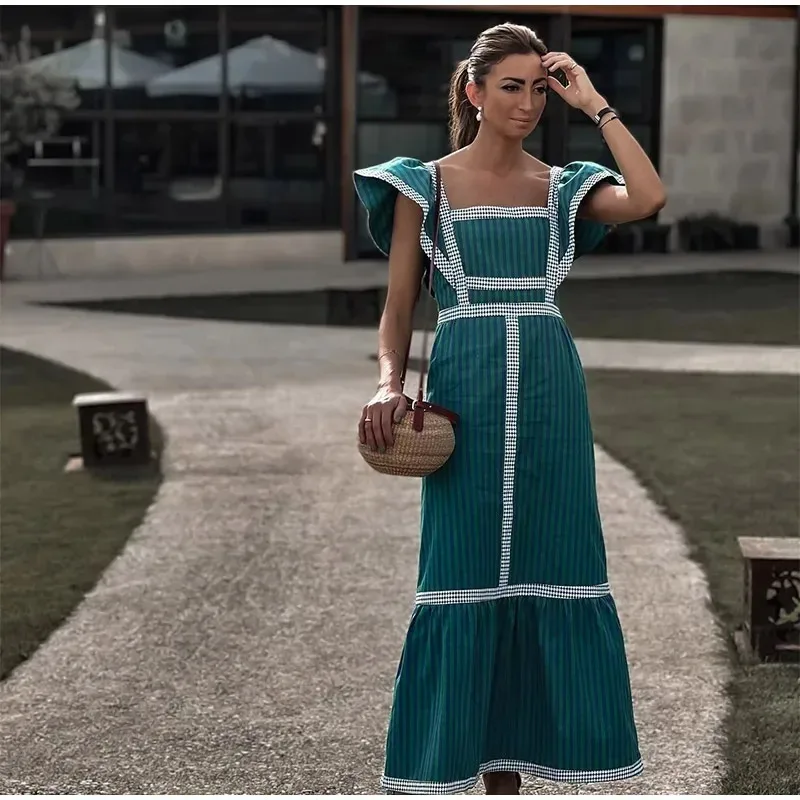 Ladies Square Collar Print Plaid Stripe Maxi Summer Dress Women High Waist Fly Sleeve Dress Female Elegant Chic Beach Long Dress