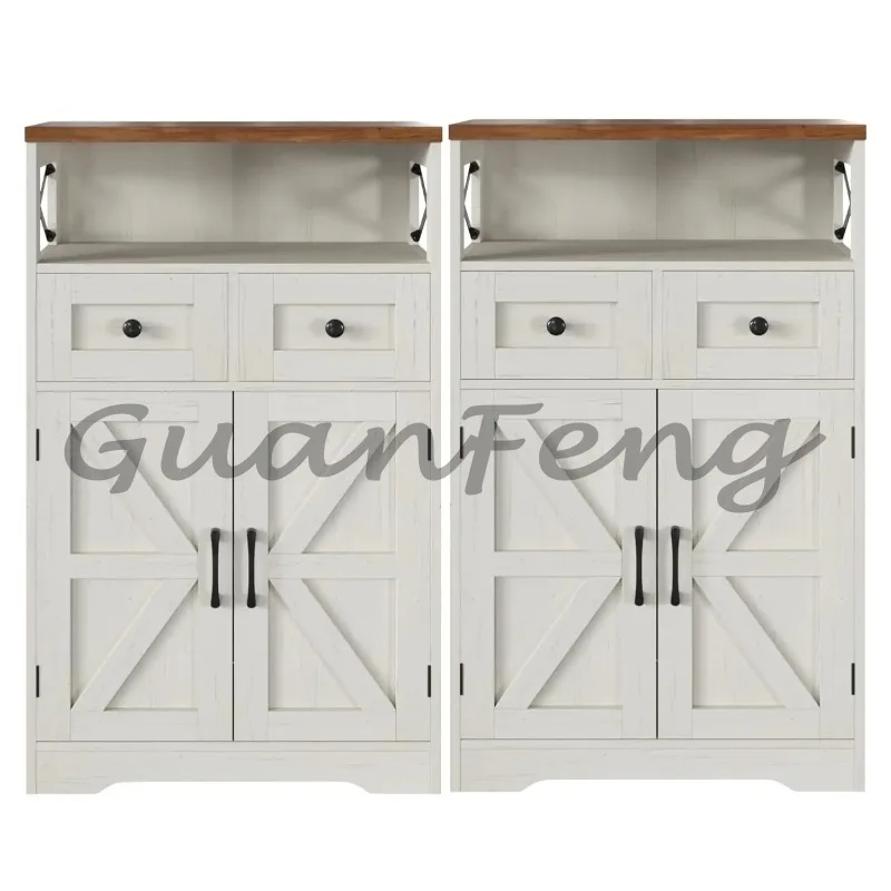 Custom Farmhouse Kitchen Pantry Cabinet, Freestanding Floor Storage Cabinet with Barn Doors and Drawers