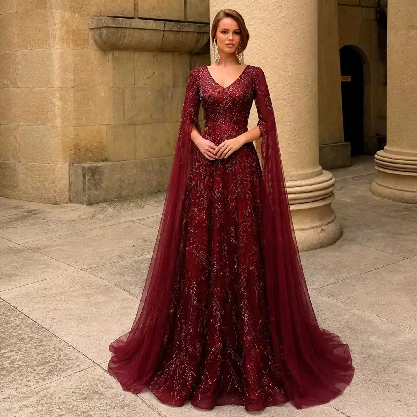 burgundy dubai evening dresses Sharon Said Wine Red V-Neck Long Dress A-Line Cape Sleeves with Heavy Beaded Party Gowns for Women SS093 Customize Princess Polly Women's Miss __color_brown:s20871_brown This dress could be Color:Electric Pink