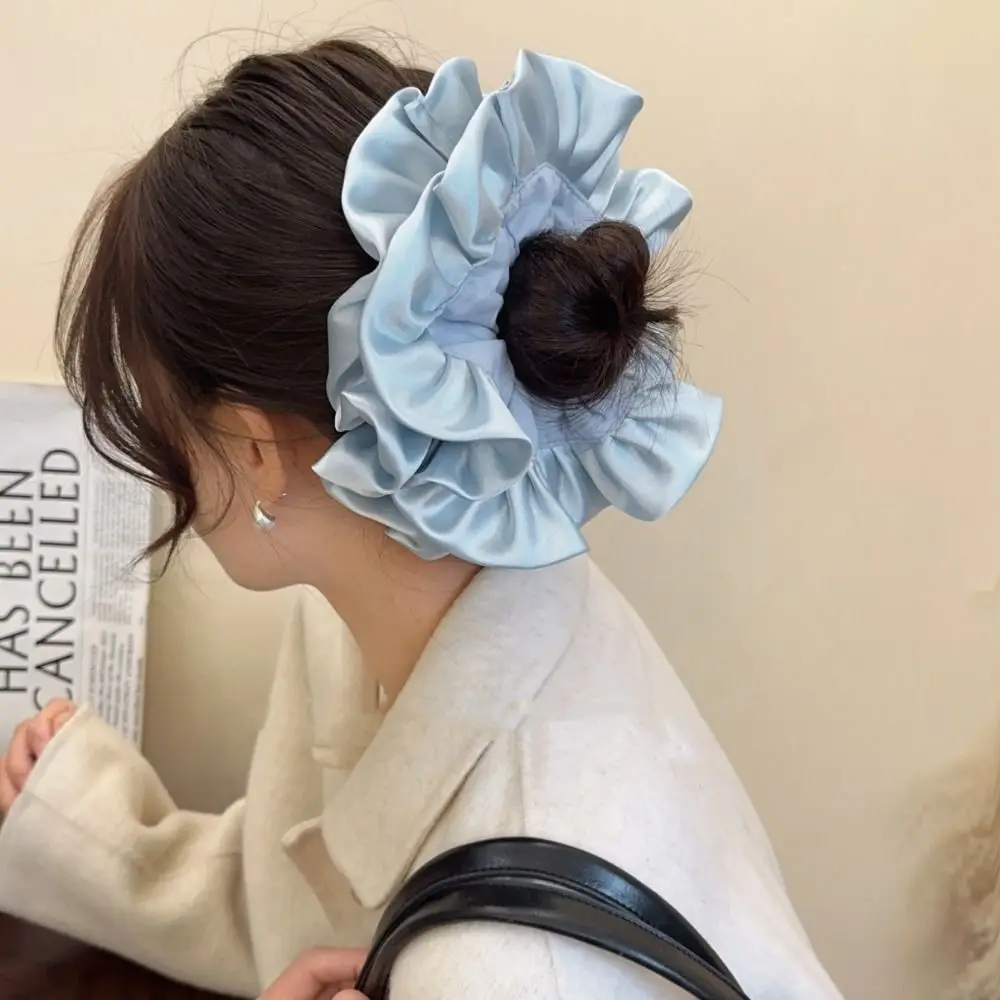 Flower Shape Pleated Hair Scrunchies Ballet Style Elegant Large Satin Hair Ring Ponytail Holder Rubber Bands