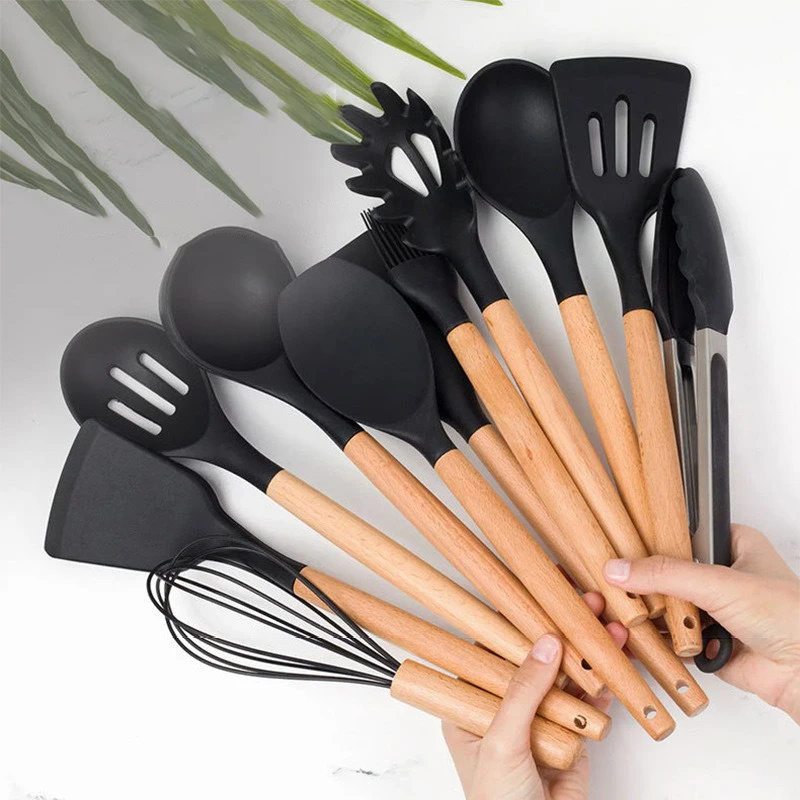 Multi-color Silicone Wooden Handle Kitchenware Set Non Stick Pot Spatula Spoon Cooking Utensils Heat-resistant Accessories Gift view 5