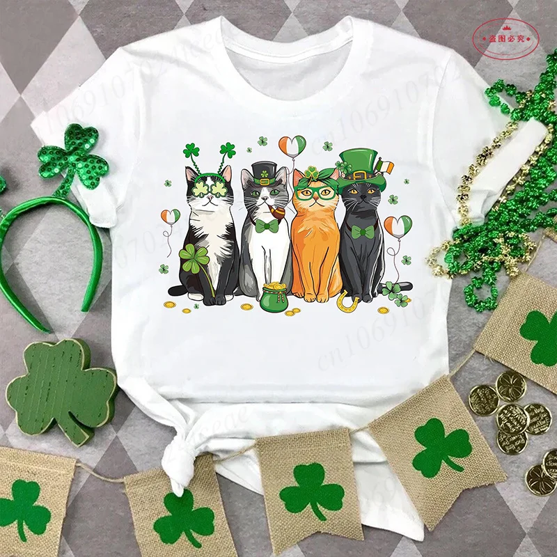 St. Patrick's Day Cat's Woman Shirt Fashion Lucky Shamrock Graphic Y2k Tops Summer Casual Short Sleeve Tees Female Clothing