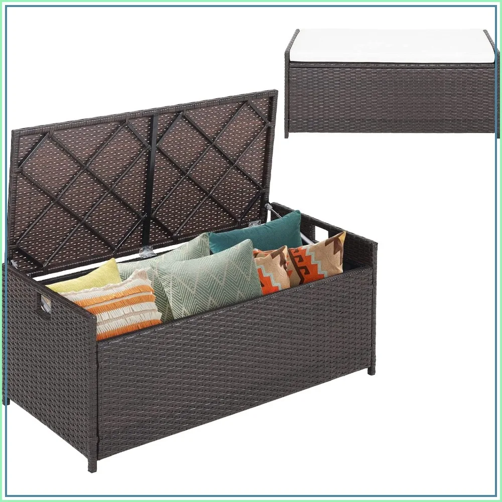 34 Gallon Patio Storage Bench Deck Box, 3-in-1 Rattan Wicker with Seat Cushion & Liner, Gas Strut
